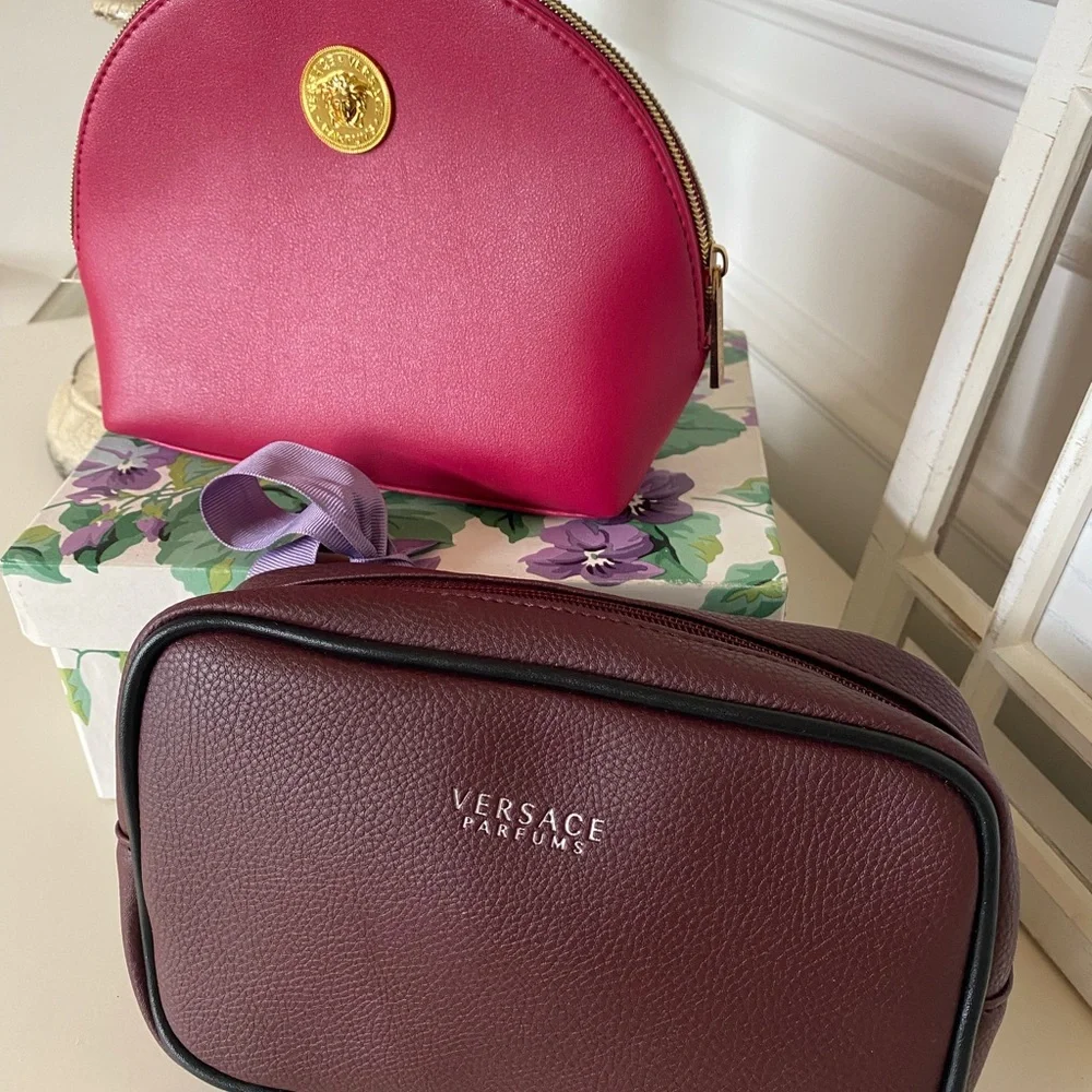 Versace Pink and Burgundy His/Her Toiletry Makeup Travel Bag Set